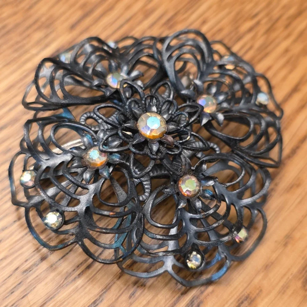Vintage Style Black Filigree Brooch Aurora Borealis Rhinestone Floral Pin 2.25in